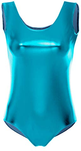 FYMNSI Damen Gl?nzende Ballettanzug Ballettbody Sport Tanz Body Gymnastikanzug Trikot ?rmellos Bodysuit Metallic Wetlook Einteiler Turnanzug Leotards Overall Lack Leder Oberteile Tops Kost?me Blau L