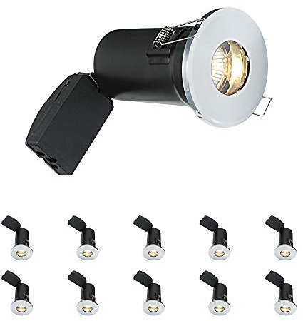 Fire Rated Downlights, Chrome Bathroom/Shower Ceiling Lights, GU10 Halogen or LED, Dimmable Recessed Spotlights IP65 Rated - Pack of 10