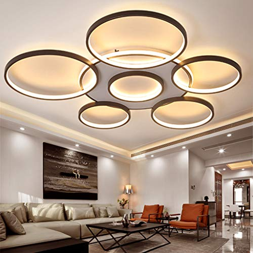 LED Deckenleuchte Mit Fernbedienung Modern Kronleuchte Creative Pendelleuchte Deckenlampe Deckenstrahler Acryl Lampenschirm Modern Elegant Matt Aluminium Deckenleuchte (7 Rings/106W, Brown)