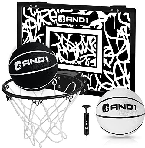 AND1 Over The Door Mini Hoop: - 18”x12” Pre-Assembled Portable Basketball Hoop with Flex Rim, Includes Two Deflated 5” Basketball – White/Black (5A1GT0110W0E2)