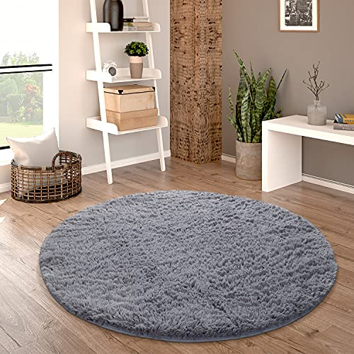 Paco Home Hochflor Teppich Wohnzimmer rutschfest Fellteppich Shaggy Flauschig Weich Modern Kunstfell Fell Imitat Einfarbig, Grösse:160 cm Rund, Farbe:Grau