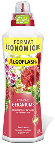 ALGOFLASH Engrais Géraniums et Toutes Fleurs de Balcon, Bouchon Doseur Inclus, 1,3 L, ALIBAC1300N