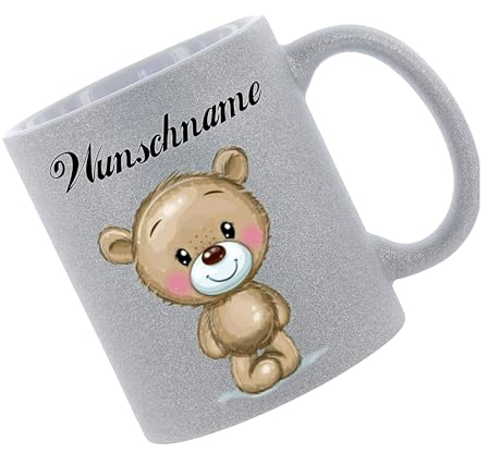 Glitzertasse (Silber) Bärchen (Wunschname) - Kaffeetasse, bedruckte Tasse mit Sprüchen oder Bildern, Bürotasse,