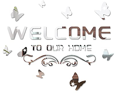 Welcome to Our Home Acrylic Mirror Wall Stickers Sign Letters with Butterfly and Vine, Removable Mirror Wall Decals, Art Murals for Living Room, Door, Porch Decoration (Silver)