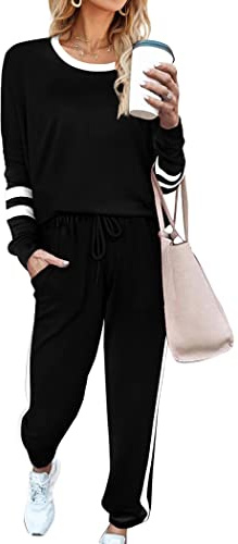 Aloodor Travel Outfits for Women Two Piece Comfiest Airport Outfits Sweatsuits Sets Loose Fitting Drawstring Sweatpants Beach Vacation Clothes Fall Fashion Must Haves Black M