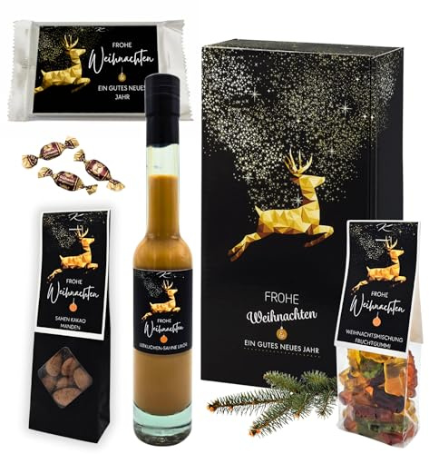 Geschenkset „Goldhirsch“ – 2er Präsent mit Lebkuchen-Sahne-Likör, Mandeln, Fruchtgummis, Waffeln & Bonbons – Genusswelten Kasberger Weihnachtspräsent (2er mit Likör)