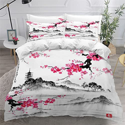 RLYXGS KirschblüTen Bettwäsche 135x200cm 3D Drucken Japan Bettbezug Set für Jungen Mädchen Teens Kinderbettwäsche Mikrofaser Weiche Luxus Bettwaren Raumdekor 3-teiliges +2 Kissenbezug 80x80