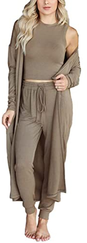 ORANDESIGNE 3-Teiliges Lounge-Set für Damen Solid Pyjamas Loungewear Outfits Crop Tops Rundhalsausschnitt und Hoher Taille Hose Offener Strickjacke Kleidung Set A Khaki XL