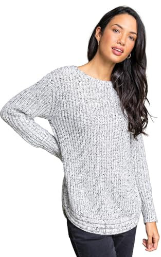 Roman Originals Women Ribbed Jumper for Women UK Ladies Curved Hem Sweater Stitch Detail Pullover Chunky Knitwear Knit Winter Autumn Textured Oversized Soft Cosy Comfy - Ivory - Size 18