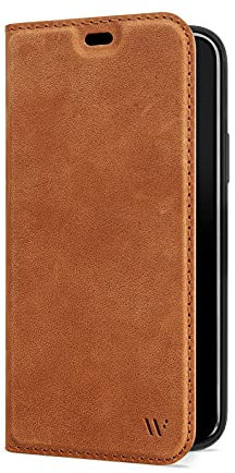 WIIUKA Hülle für iPhone 14 Pro, Leder aus Deutschland, mit Kartenfach, extra Dünn, Handyhülle mit Standfunktion, Tasche Vintage Cognac Braun