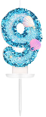 KINBOM 7,5cm Geburtstag Nummer Kerzen, Glitzer Zahlenkerze Blau Kuchenzahlenkerzen Muschel Pailletten Zahlenkerzen für torte Geburtstag Jubiläum Meerjungfrauen-Mottoparty (Zahl 9)