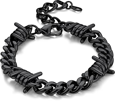 Bandmax Dornen Panzerkette Armband Kubanische Kette Schwarz Panzerarmband Herren Edelstahl 9 MM Breite Biker Punk Kette Schmuck Accessoires Länge 18 CM