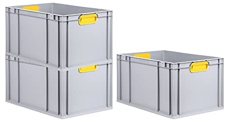 PROREGAL SuperSparSet 3x Eurobox NextGen Color | HxBxT 32x40x60cm | 65 Liter | Griffe gelb geschlossen | Verstärkter Boden | Eurobehälter, Transportbox, Transportbehälter, Stapelbehälter