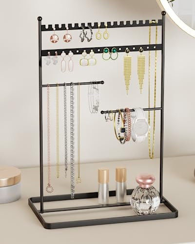 pickpiff Porte Bijoux Femme, 32 CM de Haut - 4 Bar, Rangement Pour Bijoux, Collier, Bracelet, Parfum Et Boucles d'Oreilles - Accessoire Esthétique d' Organisation Et De Présentation - Noir