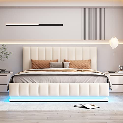 ZYLOYAL10 Polsterbett mit L-EE-D, Metalllattenrost & Bettkasten, Doppelbett mit höheverstellbarem Polsterkopfteil & hydraulischem Stauraum (Beige, 160 x 200 cm)