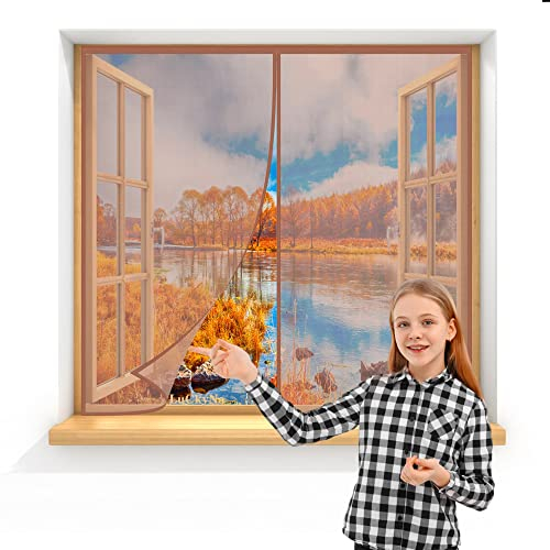 Fliegengitter Magnet Fenster 85x80cm Braun Insektenschutzgitter Terrassentür Magnet Fliegenvorhang Kinderleichte Klebemontage ohne Bohren
