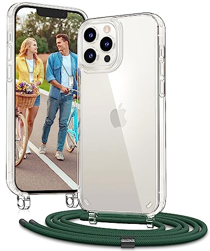 Vaykwo Handykette für Apple iPhone 12 Hülle mit Band und iPhone 12 Pro Hülle mit Band - Necklace Handyhülle - Transparente Case zum Umhängen mit Kameraschutz und Bildschirmschutz - DunkelGrün