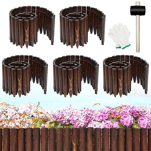 Hicarer 5 Stück insgesamt 6 m Holz Garten Einfassung Zaun Bordüre Holz Landschaft Grenze kein Graben dekorative Blumenbeet Barrieren mit Handschuhen Hammer für Baum, Rasen, Hof, 20,3 cm H x 119,4 cm L