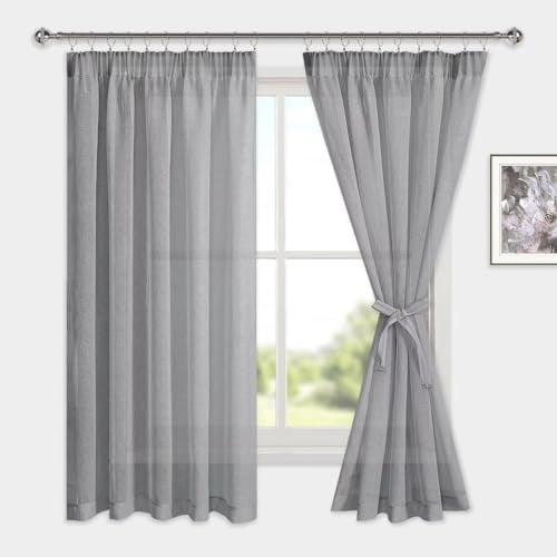 DWCN Voile Vorhänge mit Kräuselband Leinenoptik 2 Stücke Halbtransparent Vorhänge für Wohnzimmer,Durchsichtige Gardinen Kurz,Grau,160x140cm (Höhe x Breite)
