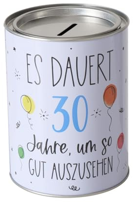 ReWu Spardose Sparschwein Schriftzug Es Dauert 30 Jahre, Um So Gut Auszusehen - Deckel abnehmbar - Wiederverwendbar Metall Sparbüchse Geldgeschenk Geschenkidee Geldspardose Metallspardose 14 x 10 cm