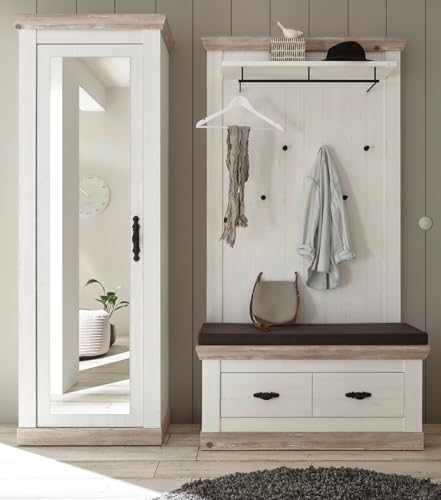 Garderobe in weiß Pinie und Oslo Pinie Landhaus Stil Flurgarderobe Flur Diele Set Kombination mit Schuhschrank mit Spiegel, Sitzbank und Garderobenpaneel 190 x 201 cm Rovola (Set 2)
