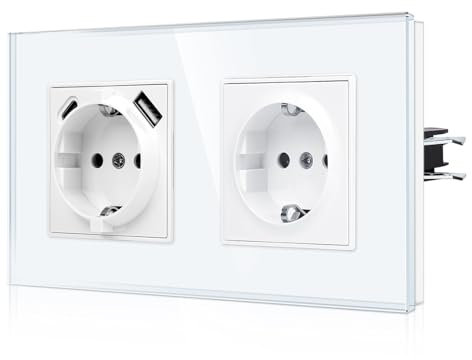CNBINGO USB Doppelsteckdose mit Krallen - Glas Schuko Steckdose Unterputz mit USB Anschluss - 1× (Typ-C und USB-A Max.2,1 Amp) - Zweifach Weiß Wandsteckdose mit Kindersicherung - JFGM1