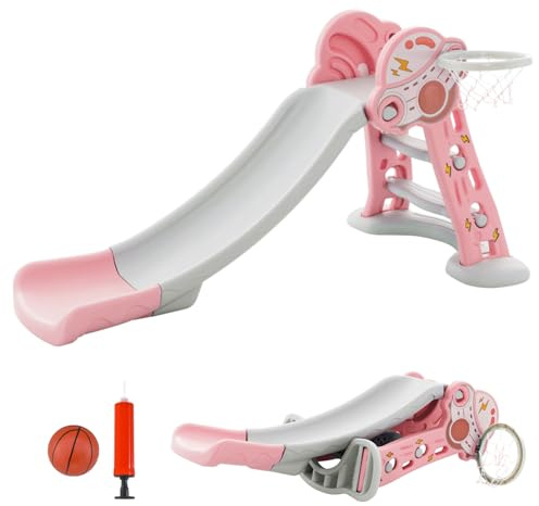 Maxmass Folding Kids Slide, Children Freestanding Slide Playset with Basketball Hoop and Climber Ladder, Indoor Outdoor Toddler Climber Slider for Boys Girls (Pink, 146 x 81 x 73 cm)