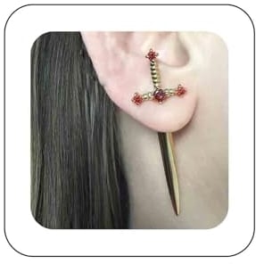 Dervivea Gothic Sword Earrings Sword Dagger Drop Earrings Gold Red Crystal Sword Stud Earrings Punk Knife Earrings Rhinestone Sword Earrings Halloween Earrings Jewelry for Women(Gold and Red)
