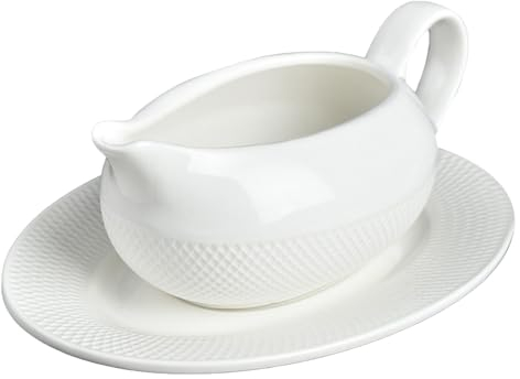Naqqios Salsera con platillo, Salsa para Salsa sin ensuciar, Salsera Blanca Prueba de derrames, Salsera de Simplicidad, Salsera de cerámica con Mango ergonómico, Salsera para Servir para Cena en casa