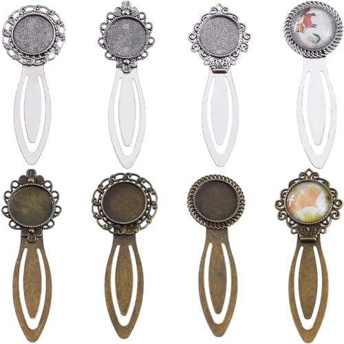 SUNNYCLUE 1 Box 16 Stück DIY 8 Sets Vintage Lesezeichen Metall Antik Bronze Silber Lesezeichen Lünettenfach Cabochon Lesezeichen Bastelset Glas Cabochons Lesezeichen Rohlinge Lesezeichen Lünetten Für
