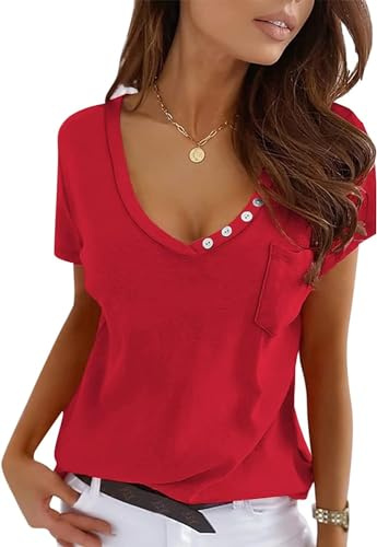 Imily Bela T-Shirt Femme à Manches Courtes avec col en V, Sexy, Estivale, en Tunique, décontractée, Rouge Vif, X-Small