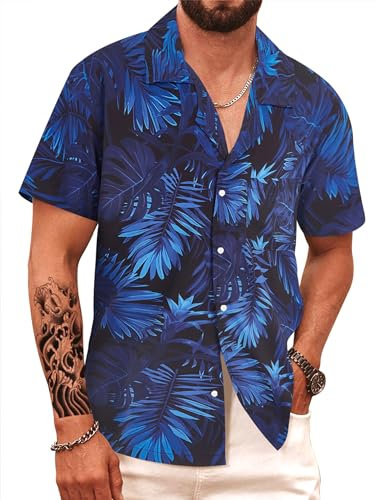 APTRO Men's Hawaiian Shirt Short Sleeved Floral Summer Beach Funky Party Holiday Shirt Blue Leaves F200 3XL