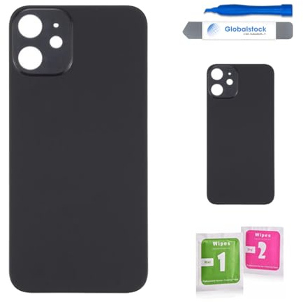 Globalstock Vitre arrière de Cache Batterie pour iphone 12 Mini Remplacement - Coque Cache Batterie Compatible Noir + adhésif et Kit Outils