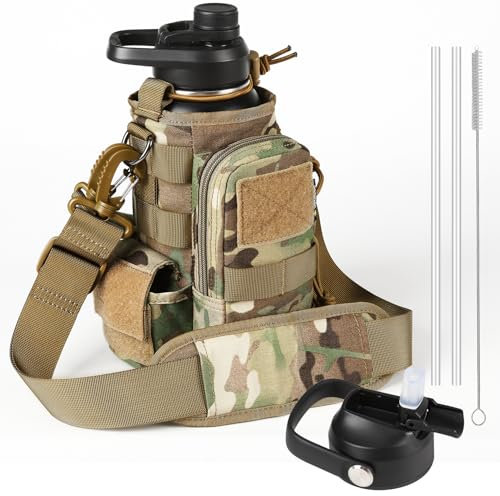 32 Oz Insulated Water Bottle - Stainless Steel Tactical Flask With Straw Lid & Chug Cap, Metal Military Water Bottle With Rugged, Removable Sleeve Can Place Items for Hiking Camping Hunting