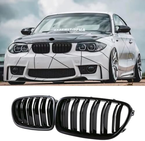 Hengjiayao E81 E82 Nieren Schwarz Kühlergrill Streifen E87 Kühlergrill für BMW 1er E88 Nieren Grill Glanz Schwarz Doppelsteg Sport 2008-2011 E81 E82 E87 E88 LCI-Facelift(For 1er E81 2008-2011)