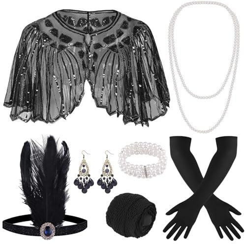 ELFIN 9-teiliges 1920er Flapper Great Gatsby Accessoires-Set Fashion Roaring 20's Theme Set mit Stirnband, Kopfbedeckung, langen schwarzen Handschuhen, Halskette, Schwarz