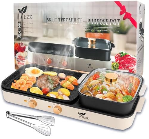 Electric Hot Pot with Grill,Indoor Hot Pot 2 in 1 Multi-function Smokeless Shabu-Shabu Hotpot Korean BBQ Grill,Separate Dual Temperature Contral for 2-10 People (beige Electric Hot Pot)