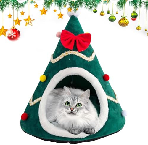 Cuccia per gatti a forma di albero di Natale, in peluche, semi-chiusa, accogliente, calda, per gatti e cuccioli
