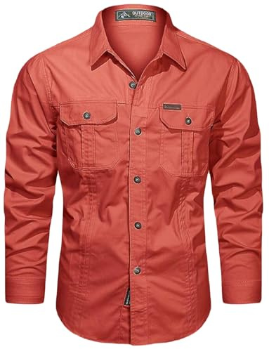 PADOLA Chemise Homme Manches Longues Slim Fit Coton Boutonnée Chemises avec Poches Col Rever Chemise de Travail Cargo Uni Chemisette Militaire Tactique Shirt Safari Habit (Rouge, 2XL)