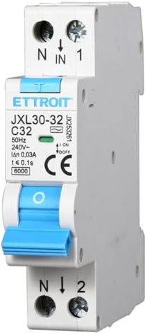 230V 32A C32, INTERRUTTORE MAGNETOTERMICO DIFFERENZIALE SALVAVITA, 1P+N, MONTAGGIO SU BARRA DIN, 1 MODULO, 30mA, 6KA 6000A, RCBO, 240VAC