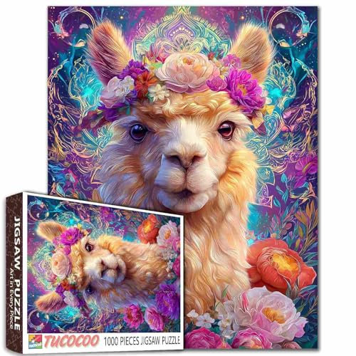 Llama Anden Puzzle, niedliche Anime-Figur, lebendige Berglandschaft, funkelnder Schnee, 50 x 70 cm, Blumenkrone, Entspannungsaktivität für Erwachsene, 1000 Teile