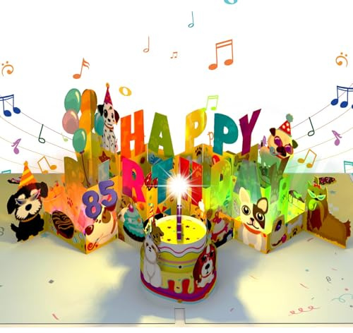 Musikalische Geburtstagskarte für 85 Jahre alte Männer/Frauen, 3D-Hunde-Pop-Up-Karte zum 85. Geburtstag, mit Musik & Lichtern & blasbarer Kerze für 85 Jahre alte Frauen, Männer, Oma, Opa, Mutter