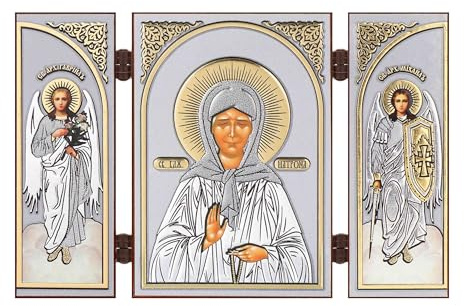 NKlaus Triptychon, Heilige Matrona, 13x8x0,6cm, christlich, Holz, 1 Stück | Christliches Motiv mit Erzengeln Gabriel und Michael, goldener Prägung und Schutzlack