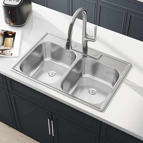 Lanxlic 33 Inch Drop In Double Bowl Kitchen Sink, 33x22 Topmount 18 Gauge 304 Stainless Steel 50/50 Kitchen Sinks, Three Holes with Basket Strainer, 33 x 22 x 9