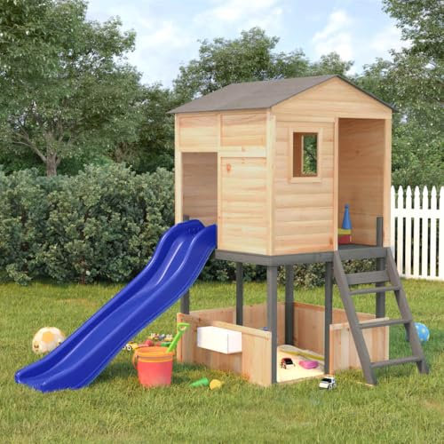 IKAYAA Casetta da Giardino per Bambini Legno Casetta da Gioco da Esterno Set da Gioco da Esterno in Legno Massello di Abete con Tetto Inclinabile-Grigio