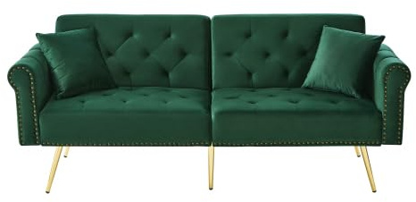 2-Sitzer Sofa Schlafsofa mit Schlaffunktion und Unabhängig Verstellbare Rückenlehne, Klappbares Couch Polstersofa Bettsofa mit Goldene Nageldekoration für Wohnzimmer Schlafzimmer Wohnung (Grün)