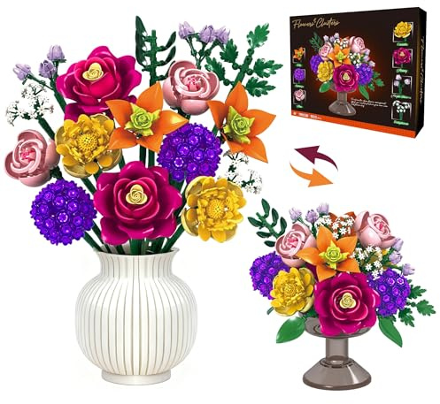 KOJAYHOL Blumenstrauß Kit de Construction de Bouquet de Fleurs pour Adultes, Collection Botanique 933 Pièces, 16 Fleurs à Assembler, Cadeau Créatif DIY pour Femmes et Ados, Décoration de Bureau