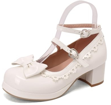 TNMIUH Escarpins Sweet Lolita Mary Jane Femme, Nœuds Décoratifs, Dentelle Blanche, Talon Bloc 5cm, Chaussures Lolita Kawaii à Bout Rond, Noir/Blanc/Rose/Rouge