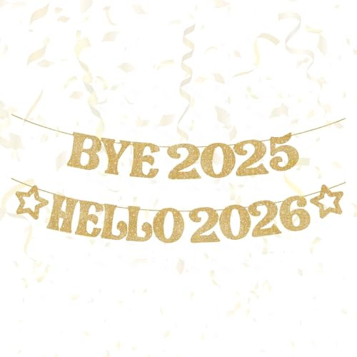 Silvester Deko 2026 Banner, Bye 2025 Hello 2026, Gold Glitzer Schriftzug | New Year Deko Hängende für Silvester Weihnachtsfeier Home Bar Outdoor Party Dekorationen