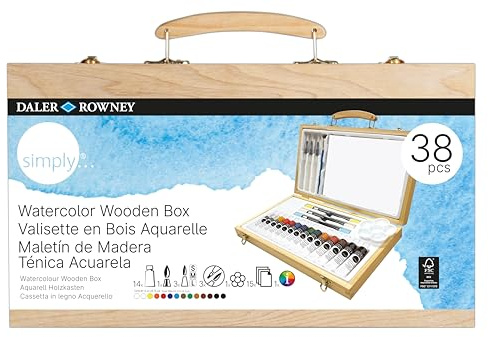 Daler-Rowney Simply Watercolour Wooden Box Set 14 Vibrant Colours | Wooden Case, Watercolor Paint, For Beginner and Amateur Artists